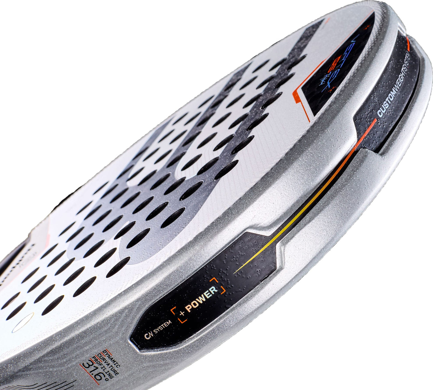 Close-up of a white and gray Bullpadel Vertex 05 Hybrid 2027 Padel Racket featuring black holes, orange accents, and technical specifications on the rim. This Bullpadel racket showcases a hybrid head shape, textured surface, and partially visible branding along the edge. Its MultiEva core is engineered for optimal performance.