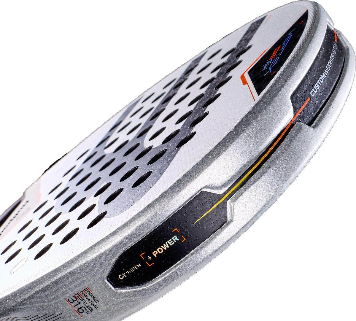 Close-up of a white and gray Bullpadel Vertex 05 Hybrid 2027 Padel Racket featuring black holes, orange accents, and technical specifications on the rim. This Bullpadel racket showcases a hybrid head shape, textured surface, and partially visible branding along the edge. Its MultiEva core is engineered for optimal performance.