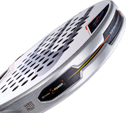 Close-up of a white and gray Bullpadel Vertex 05 Hybrid 2027 Padel Racket featuring black holes, orange accents, and technical specifications on the rim. This Bullpadel racket showcases a hybrid head shape, textured surface, and partially visible branding along the edge. Its MultiEva core is engineered for optimal performance.