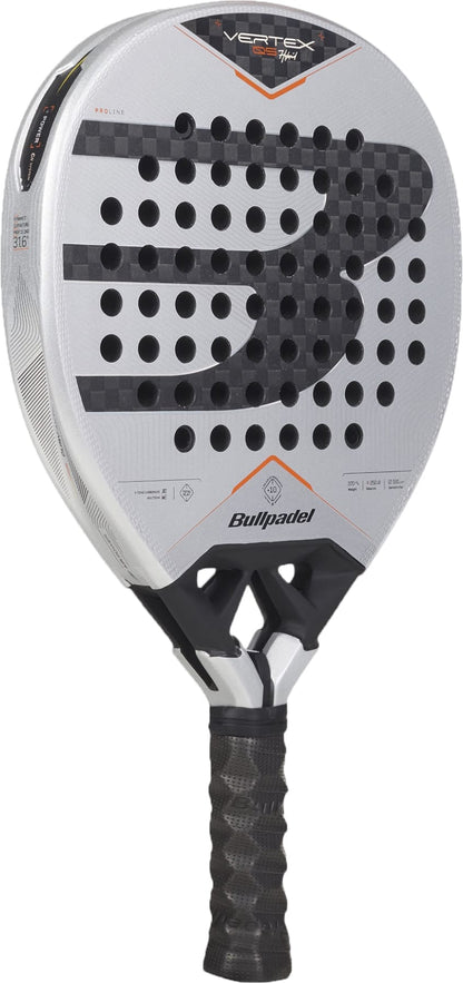 A white Bullpadel Vertex 05 Hybrid 2027 Padel Racket by Bullpadel, featuring a black grip, prominent “B” logo, circular perforations, and carbon fiber accents on the face. Designed with a hybrid head shape and equipped with a responsive MultiEva core for superior on-court performance.