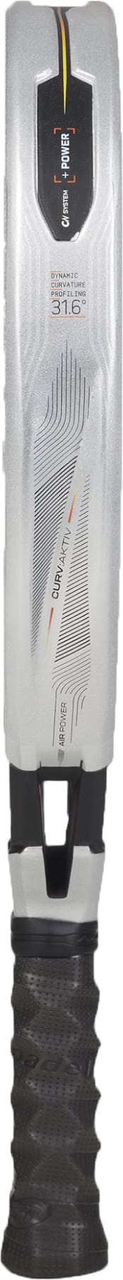 A close-up view of the handle and part of the blade of a modern cricket bat, showcasing a textured black grip and sleek silver design with visible branding—ideal for enthusiasts who value advanced technology comparable to that in sports equipment such as the Bullpadel Vertex 05 Hybrid 2027 Padel Racket by Bullpadel, celebrated for its hybrid head shape and MultiEva core construction.