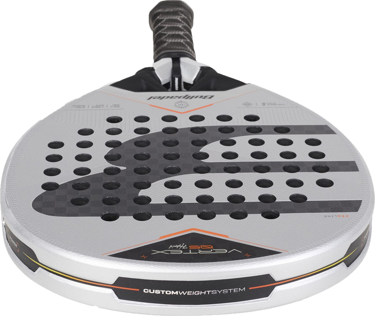 A close-up of a gray and black padel racket with circular holes, a textured grip, and the brand “Bullpadel” on top. The bottom features “VERTEX” and “CUSTOM WEIGHT SYSTEM” text, highlighting the Bullpadel Vertex 05 Hybrid 2027 Padel Racket’s unique hybrid head shape and advanced MultiEva core for enhanced performance.