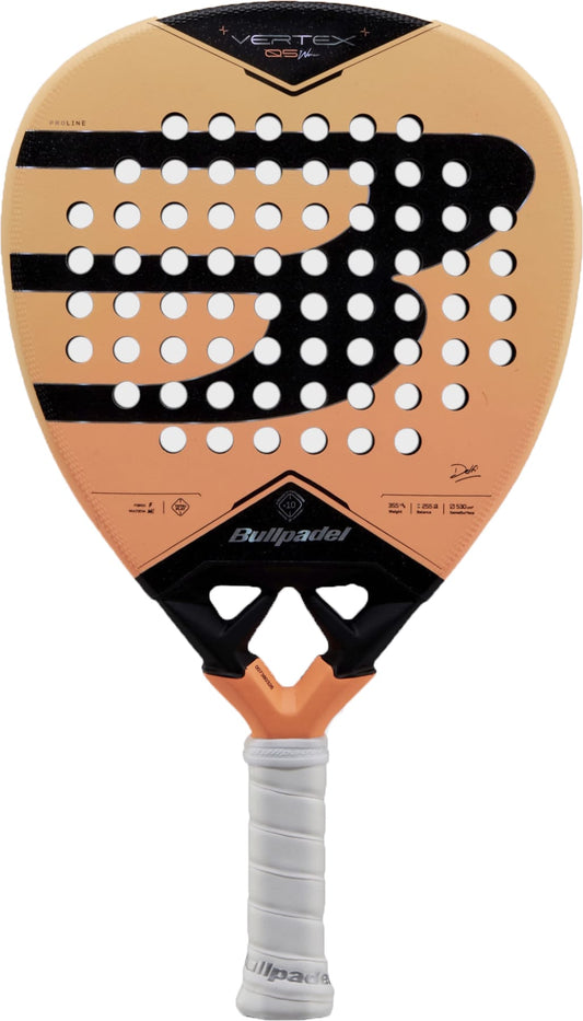 The Bullpadel Vertex 05 W 2027 Padel Racket, a high-performance padel racket from Bullpadel, features an eye-catching orange and black design, a round shape, a white grip, and a prominent “B” logo. Shown upright against a white background, this model exemplifies the innovative craftsmanship characteristic of Bullpadel rackets.