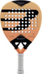 The Bullpadel Vertex 05 W 2027 Padel Racket, a high-performance padel racket from Bullpadel, features an eye-catching orange and black design, a round shape, a white grip, and a prominent “B” logo. Shown upright against a white background, this model exemplifies the innovative craftsmanship characteristic of Bullpadel rackets.