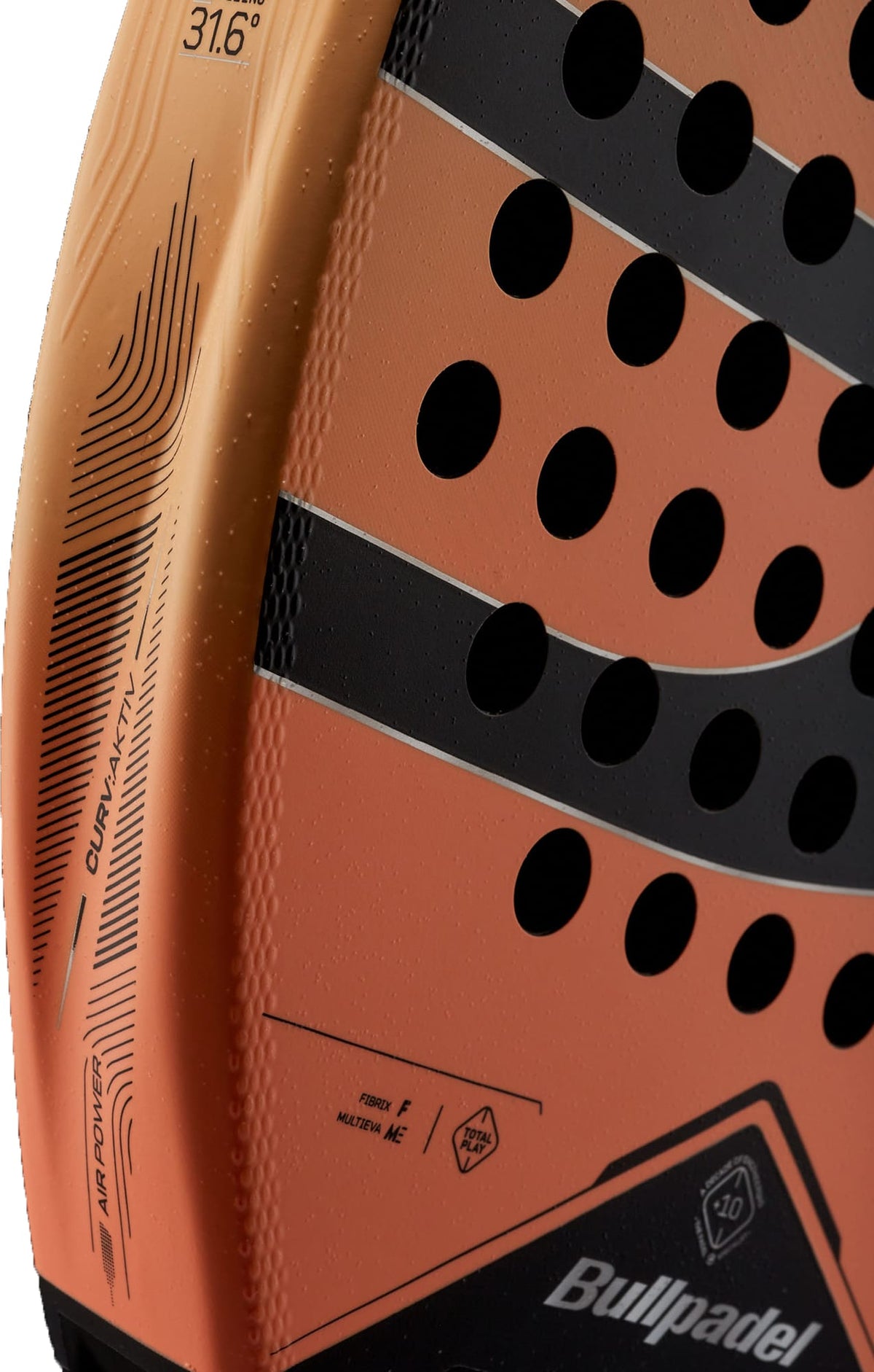 A close-up of the Bullpadel Vertex 05 W 2027 Padel Racket reveals its striking orange and black design, featuring a textured surface, black dot detailing, and prominent Bullpadel branding. The angle accentuates technical markings and the “CurvAktiv” inscription on the side, highlighting key features of this advanced padel racket.