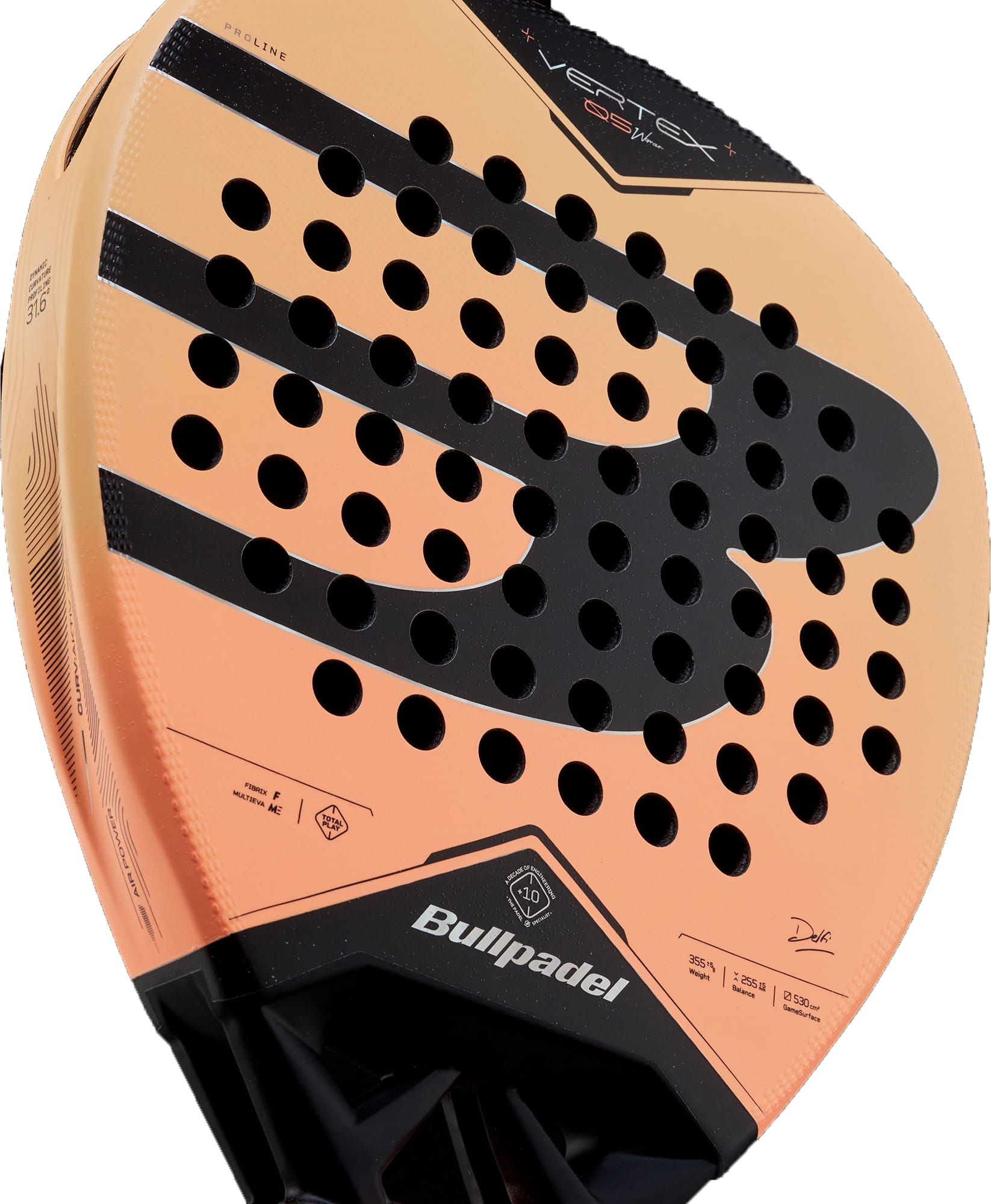 Close-up of the Bullpadel Vertex 05 W 2027 Padel Racket, showcasing its orange and black design with multiple round holes and visible Bullpadel branding.