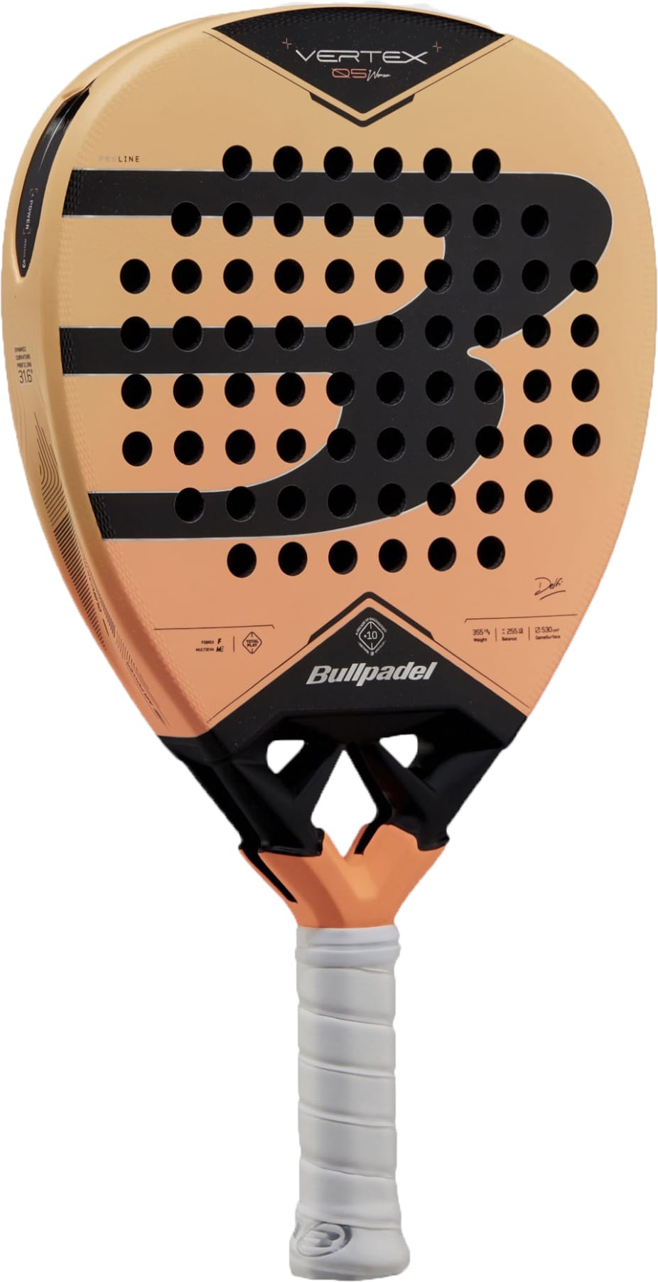 A peach and black Bullpadel Vertex 05 W 2027 Padel Racket by Bullpadel, featuring a perforated face, prominent large “B” logo, white grip, and honeycomb-patterned handle—a premium padel racket crafted for dedicated players seeking advanced performance.