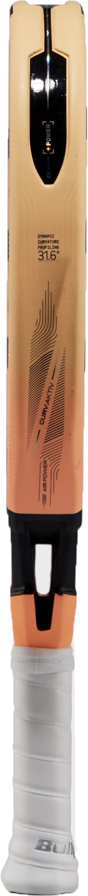 A close-up of a modern cricket bat with a black and orange blade, showcasing graphics and branding inspired by the bold, dynamic designs seen on premium padel rackets such as the Bullpadel Vertex 05 W 2027 from Bullpadel, paired with a white grip handle.
