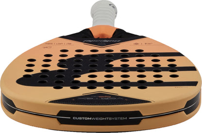 A detailed close-up of the Bullpadel Vertex 05 W 2027 Padel Racket by Bullpadel, highlighting its yellow and black perforated face, prominent brand logo, and a white grip handle visible in the background.