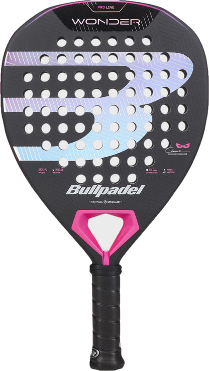 The Bullpadel Wonder 2027 Padel Racket by Bullpadel is an advanced black padel racket accented with purple and pink details, featuring a perforated face and “WONDER” boldly shown at the top. Its handle is finished with black grip tape for improved control.