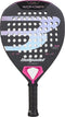 The Bullpadel Wonder 2027 Padel Racket by Bullpadel is an advanced black padel racket accented with purple and pink details, featuring a perforated face and “WONDER” boldly shown at the top. Its handle is finished with black grip tape for improved control.
