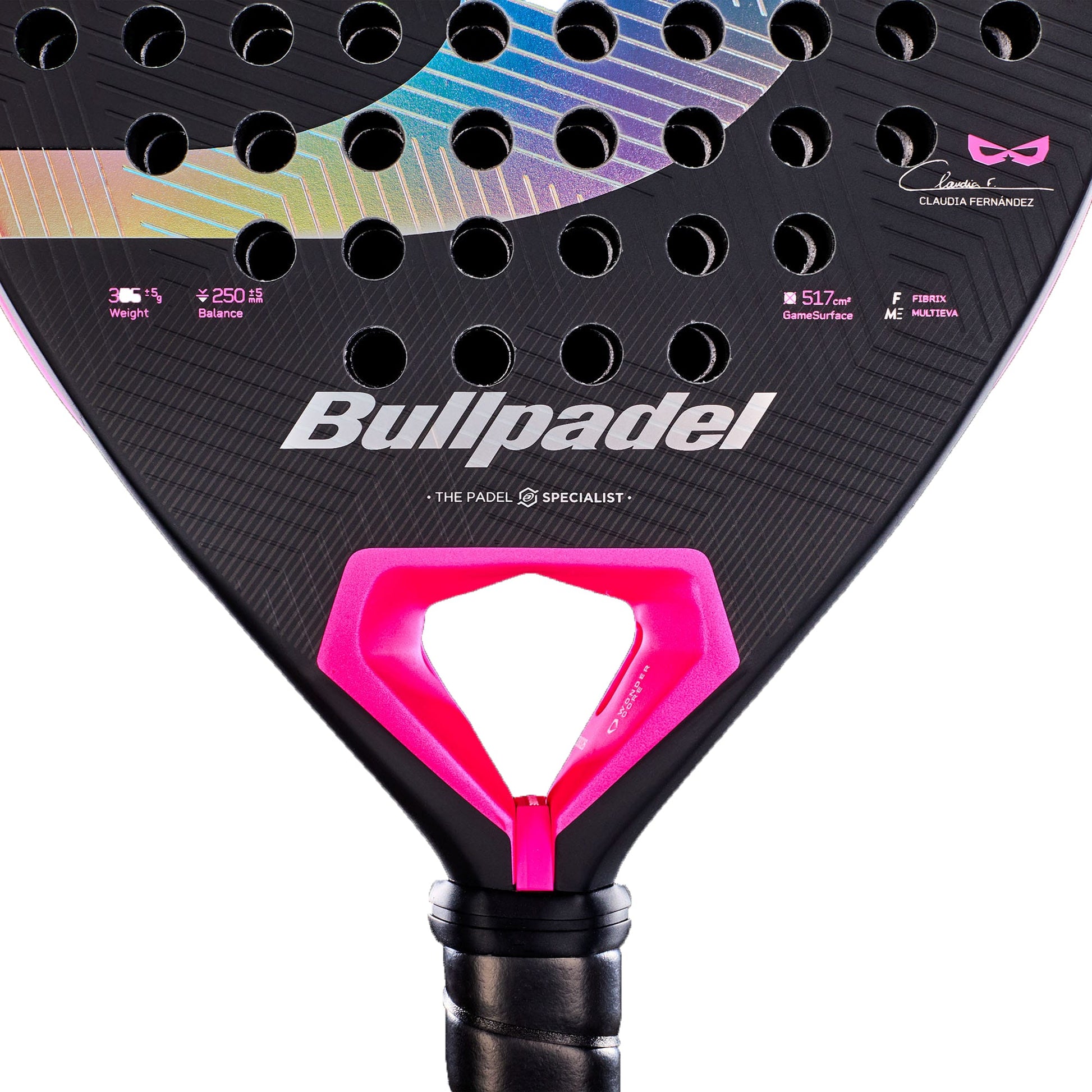 A detailed close-up of the Bullpadel Wonder 2027 Padel Racket in black, featuring pink and rainbow accents, circular perforations, and Bullpadel branding with signature and specifications displayed against a white background. This advanced Bullpadel racket seamlessly blends striking style with high performance for committed padel players.