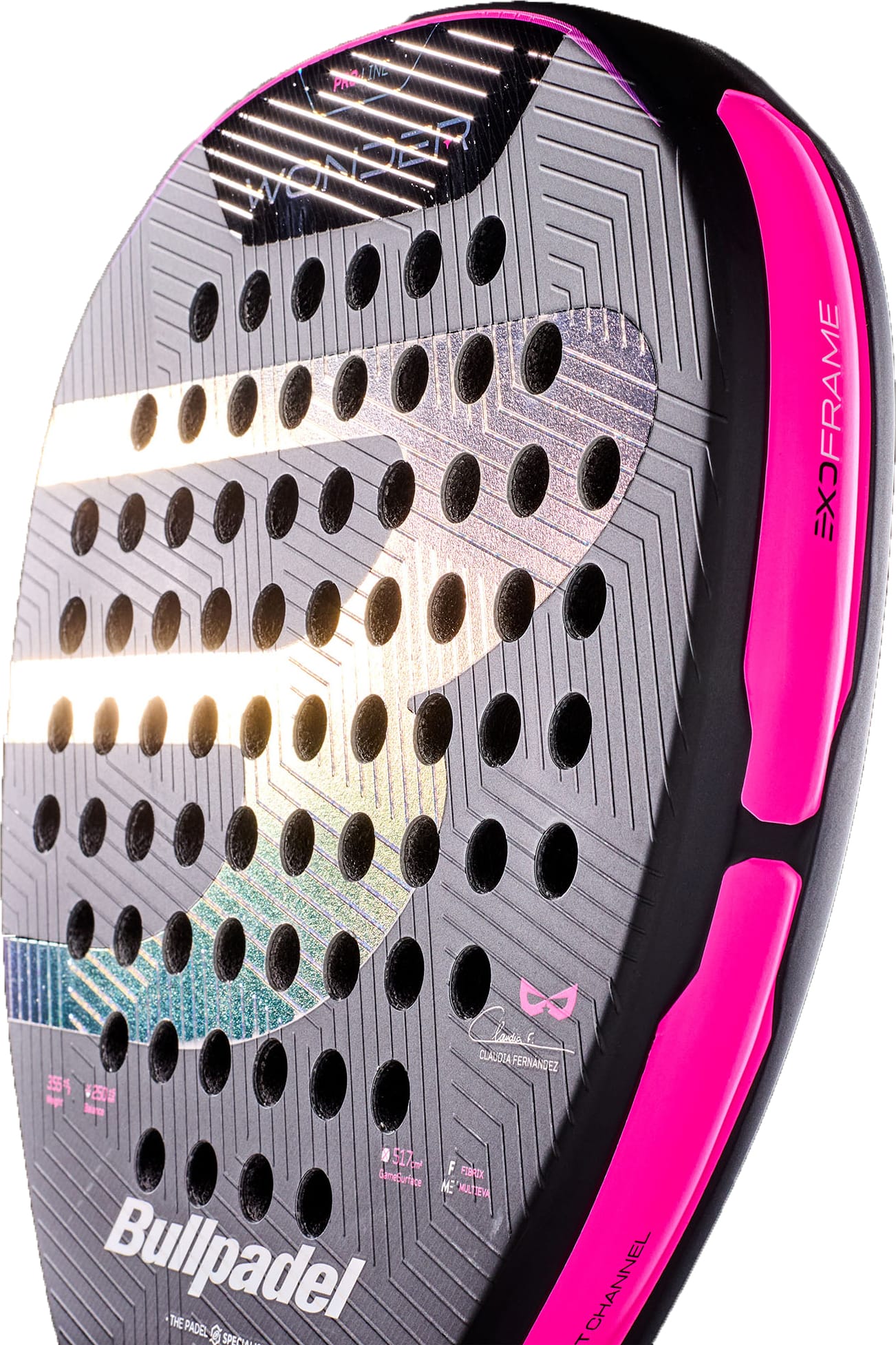 A detailed close-up of the Bullpadel Wonder 2027 Padel Racket showcases its bold black and pink color scheme with geometric patterns, multiple round holes, and the signature Bullpadel logo. The textured surface highlights the premium craftsmanship of this advanced racket by Bullpadel.