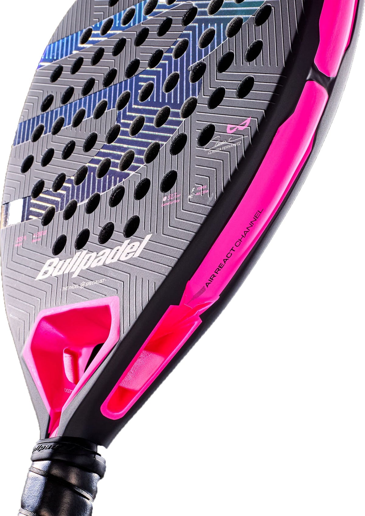 Close-up of the Bullpadel Wonder 2027 Padel Racket by Bullpadel, an advanced padel racket showcasing a stylish black and pink color scheme, perforated face, geometric accents, and the Bullpadel logo, with part of the handle visible.