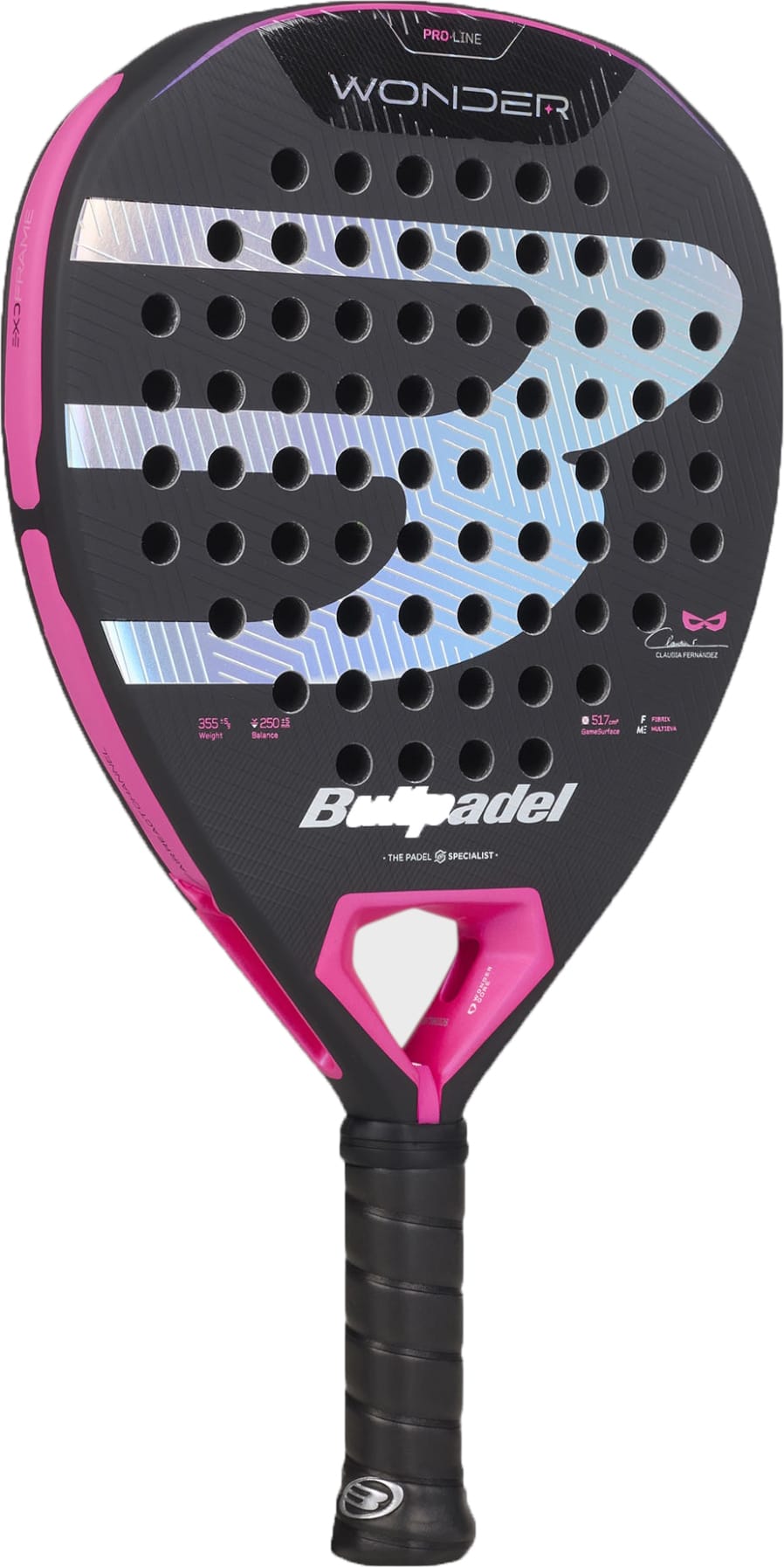 The Bullpadel Wonder 2027 Padel Racket features a black and pink design with a perforated face, an iridescent “B” logo, and bold “Bullpadel” branding. Its handle is wrapped in black for added comfort, while “Wonder 2027 Padel Racket” appears in silver along the top edge.