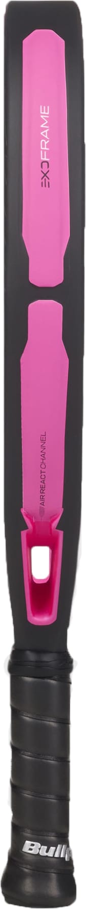 A close-up of a black and pink Bullpadel Wonder 2027 Padel Racket, highlighting the handle with its black grip and the word “SUPREME” displayed on the pink section—showcasing an advanced padel racket from Bullpadel designed for high performance.