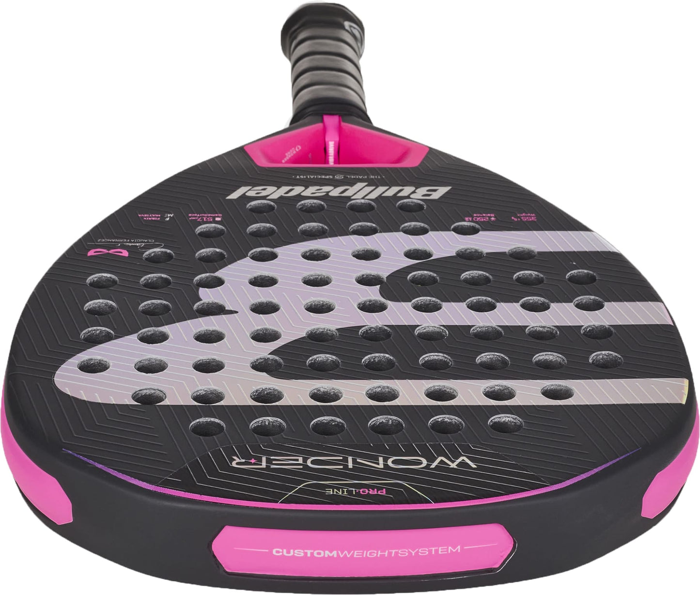 A close-up view of the Bullpadel Wonder 2027 Padel Racket—an advanced black and pink padel racket with a perforated face, featuring Bullpadel branding and text—photographed from the handle toward the head.