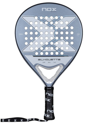 The NOX X-One Silhouette 2026 Padel Racket by NOX is a beginner-friendly round racket with a perforated face and black handle wrapped in NOX grip tape, shown on a white background.