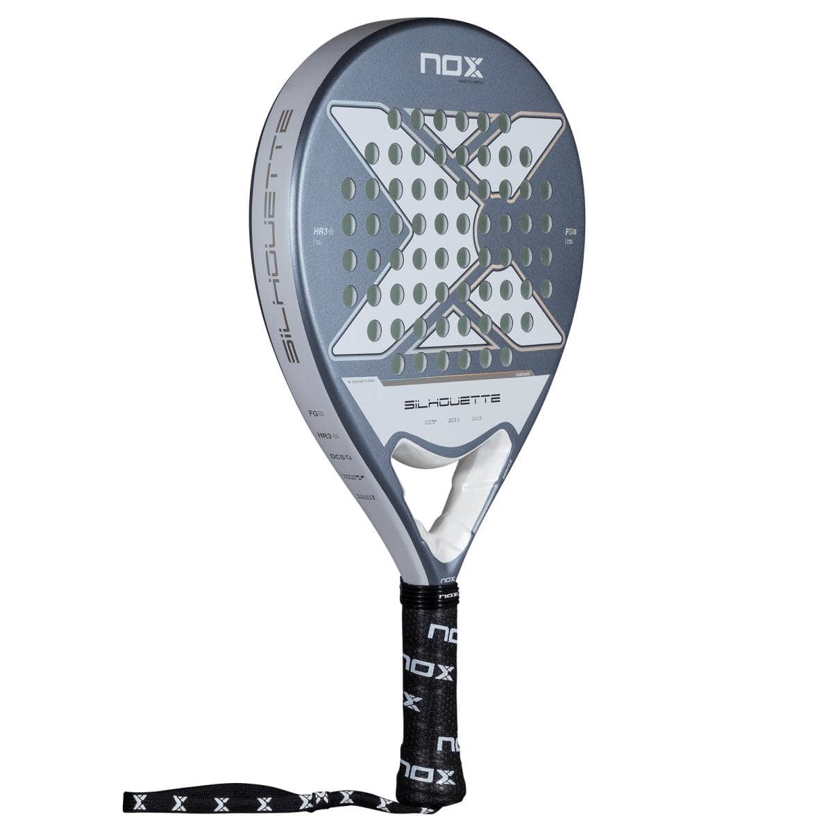 The NOX X-One Silhouette 2026 padel racket features a grey and white design with a bold "X," perforated center holes, and a black NOX-branded grip. This beginner-friendly racket stands upright against a white background.