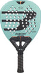 A turquoise Bullpadel Xplo 2027 Padel Racket from Bullpadel, showcasing black and white accents, a prominent BP logo, circular holes on the face, and a black grip handle. Designed in the Bullpadel Lab for enhanced power, this racket displays multiple printed specifications near the handle.