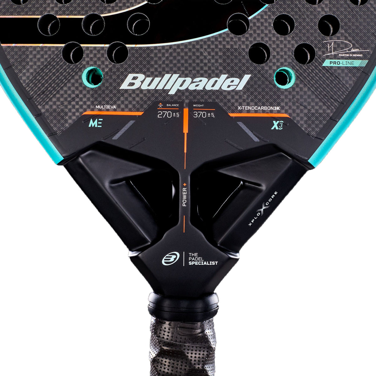 Close-up of the Bullpadel Xplo 2027 Padel Racket, highlighting the Bullpadel branding, product features, and a textured black handle with turquoise accents designed for maximum power.