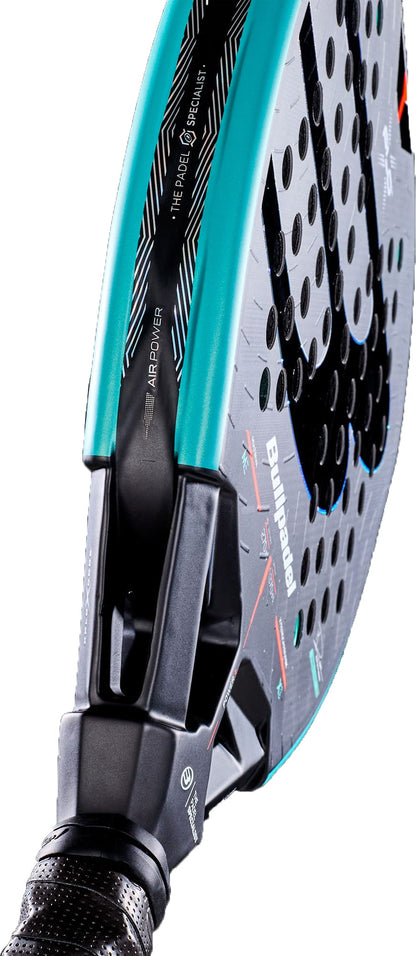 Close-up of the Bullpadel Xplo 2027 Padel Racket, featuring its perforated face, textured surface, prominent Bullpadel branding, and a wrapped handle engineered to deliver maximum power on every shot.