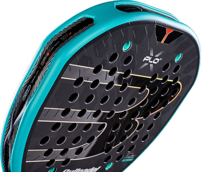 Close-up of the Bullpadel Xplo 2027 Padel Racket, featuring a black perforated surface, turquoise edging, and bold “PLX” branding—showcasing its detailed texture and design elements crafted by Bullpadel for maximum power.