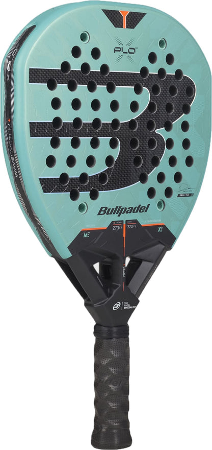 The Bullpadel Xplo 2027 Padel Racket by Bullpadel showcases a vibrant turquoise face, a sleek black grip, and a prominent “B” logo crafted from black dots across the surface, engineered to provide maximum power with each shot.