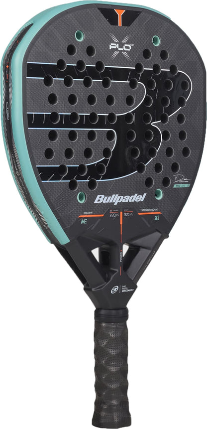 A Bullpadel Xplo 2027 Padel Racket by Bullpadel, featuring a black design with a blue edge, round holes, and orange accents—engineered in the Bullpadel Lab for maximum power—is shown vertically with the handle at the bottom.