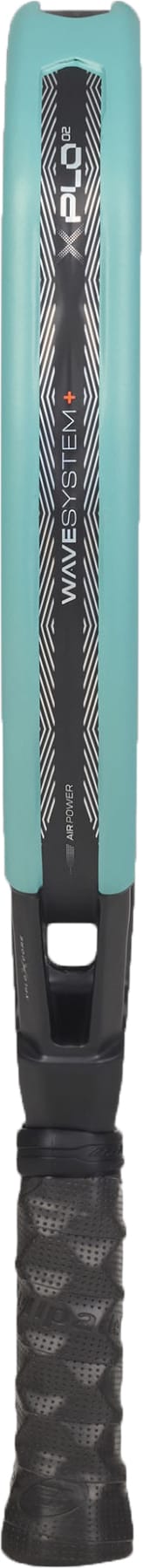 A close-up of a cricket bat handle and grip, showcasing a teal and black color palette with geometric patterns inspired by the striking design of the Bullpadel Xplo 2027 Padel Racket by Bullpadel, along with text reading “WILLOW STEEL” and “PLAT FLX” on the upper section. This bat is engineered for maximum power, appealing to players who seek both style and performance.