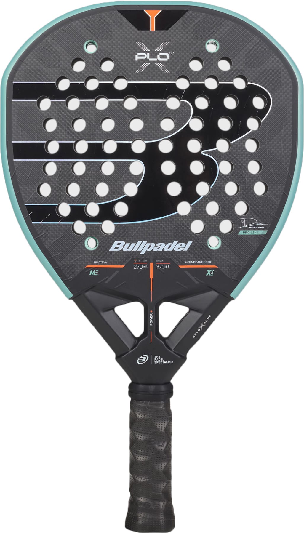 A black Bullpadel Xplo 2027 Padel Racket featuring teal accents, a perforated face, and a textured grip handle. Engineered in the Bullpadel Lab for optimal power, it showcases the Bullpadel logo prominently on the racket’s face.