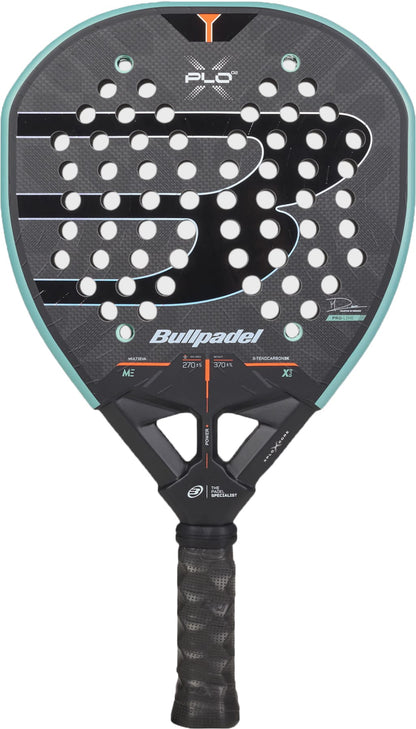 A black Bullpadel Xplo 2027 Padel Racket featuring teal accents, a perforated face, and a textured grip handle. Engineered in the Bullpadel Lab for optimal power, it showcases the Bullpadel logo prominently on the racket’s face.