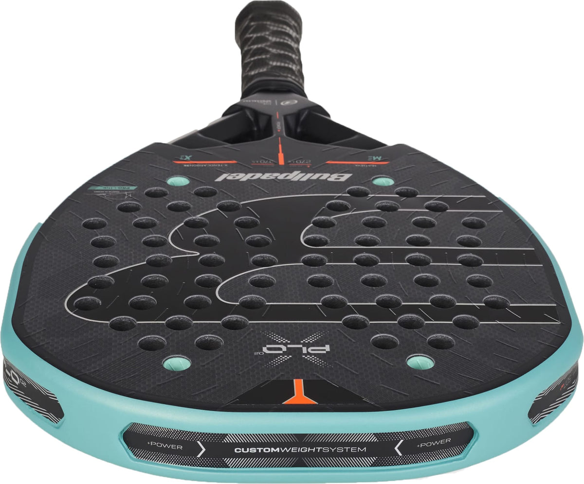 Close-up of a Bullpadel Xplo 2027 Padel Racket featuring a black and turquoise design, perforated with holes, and “Custom Weight System” text visible on the frame—perfect for players seeking maximum power on the court.