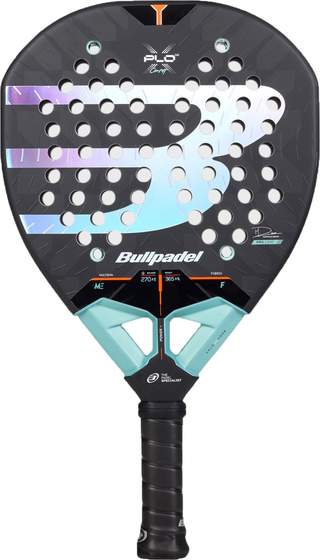 The Bullpadel Xplo Comfort 2027 Padel Racket by Bullpadel boasts a black Fibrix surface, a light blue grip, and a striking white and purple design across the center. Its face is characterized by multiple circular holes and branded logos, while the MultiEva core ensures enhanced performance on the court.