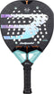 The Bullpadel Xplo Comfort 2027 Padel Racket by Bullpadel boasts a black Fibrix surface, a light blue grip, and a striking white and purple design across the center. Its face is characterized by multiple circular holes and branded logos, while the MultiEva core ensures enhanced performance on the court.