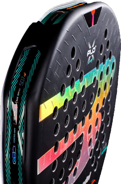 Close-up of a modern Bullpadel Xplo Comfort 2027 Padel Racket with a black base, vibrant reflective design, and perforations. The durable Fibrix surface showcases the Bullpadel branding and text along the edge.
