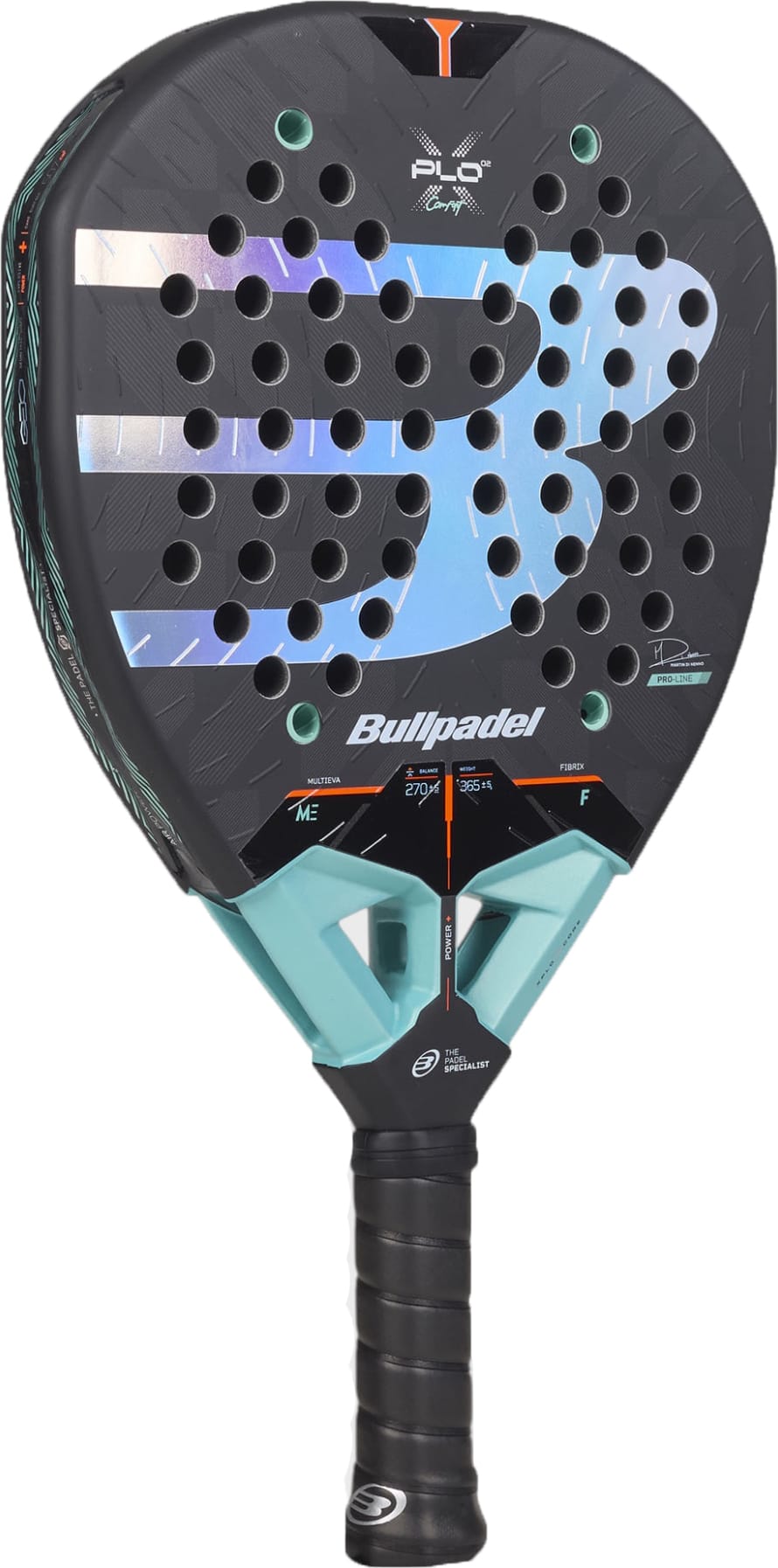 The Bullpadel Xplo Comfort 2027 Padel Racket by Bullpadel showcases a striking design with a black base, highlighted by a large blue and silver stylized “B” logo, multiple round holes, and a black grip featuring light blue accents. Crafted with a durable Fibrix surface and a responsive MultiEva core, this racket is engineered to deliver superior comfort and performance on the court.