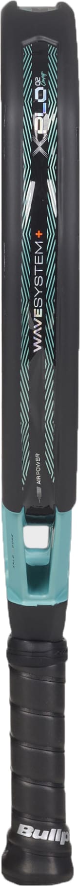 A close-up of the handle and top section of a black and teal racket with a patterned design and visible branding, reminiscent of the advanced construction seen in the Bullpadel Xplo Comfort 2027 Padel Racket by Bullpadel, which features high-quality materials like a Fibrix surface and MultiEva core for enhanced performance.