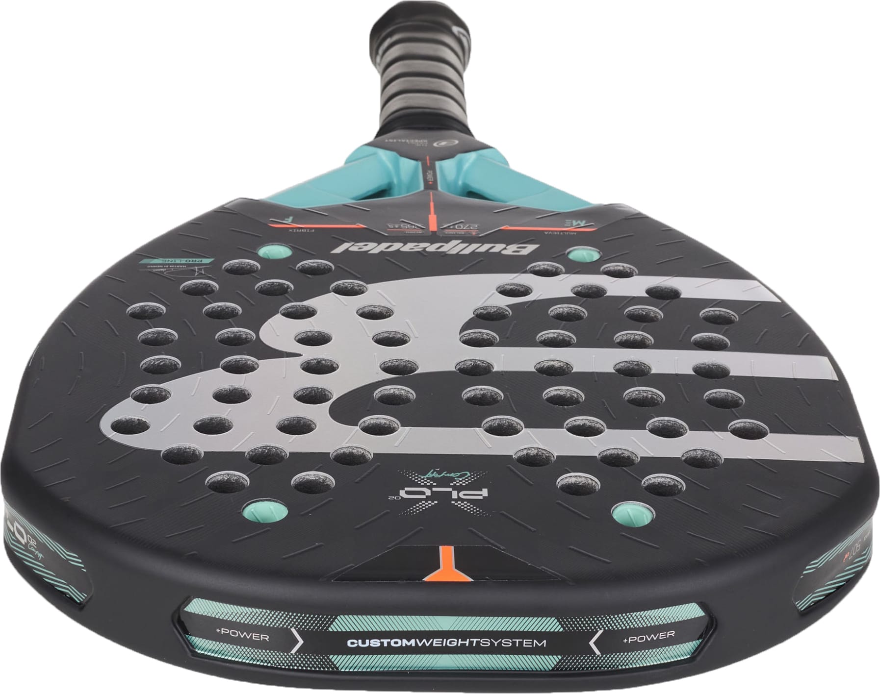 A close-up of the Bullpadel Xplo Comfort 2027 Padel Racket by Bullpadel in black with teal and gray accents, highlighting its durable Fibrix surface, MultiEva core, multiple circular holes, and custom weight system features along the bottom edge.